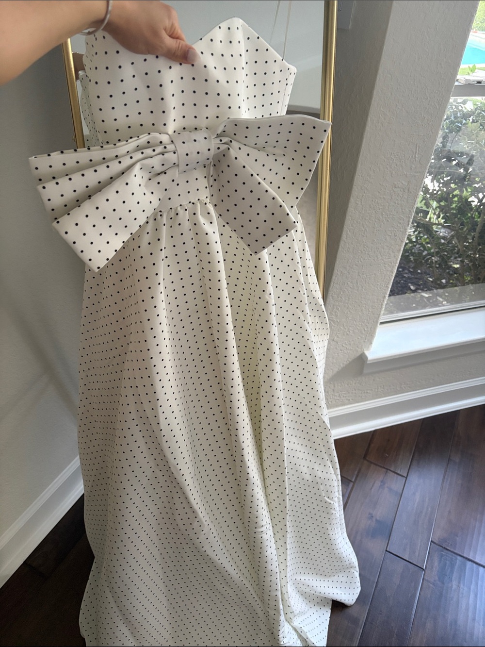 Strapless White Polka Dot Maxi Dress with Bow